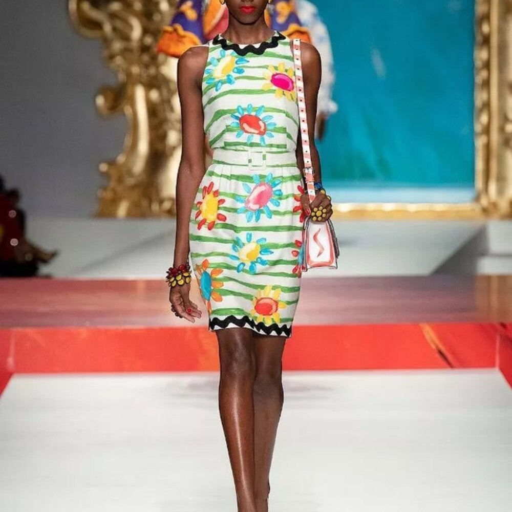 Moschino COUTURE STRIPED RIC RAC FLORAL 2020 RUNWAY US 6 BELTED DRESS $1,950 NWT